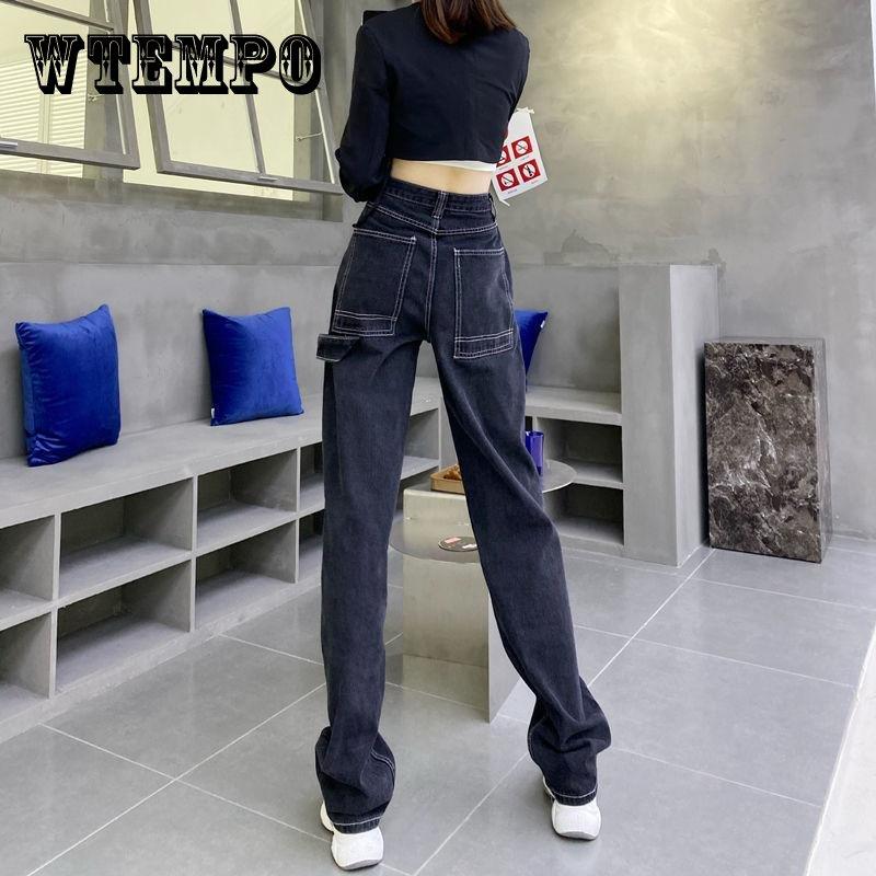 WTEMPO Zwarte rechte pijpen Tooling Jeans Women's Spring Design Hoge Taille en Dunne Losse Wijde Boffers Dweilbroek Ins Tide