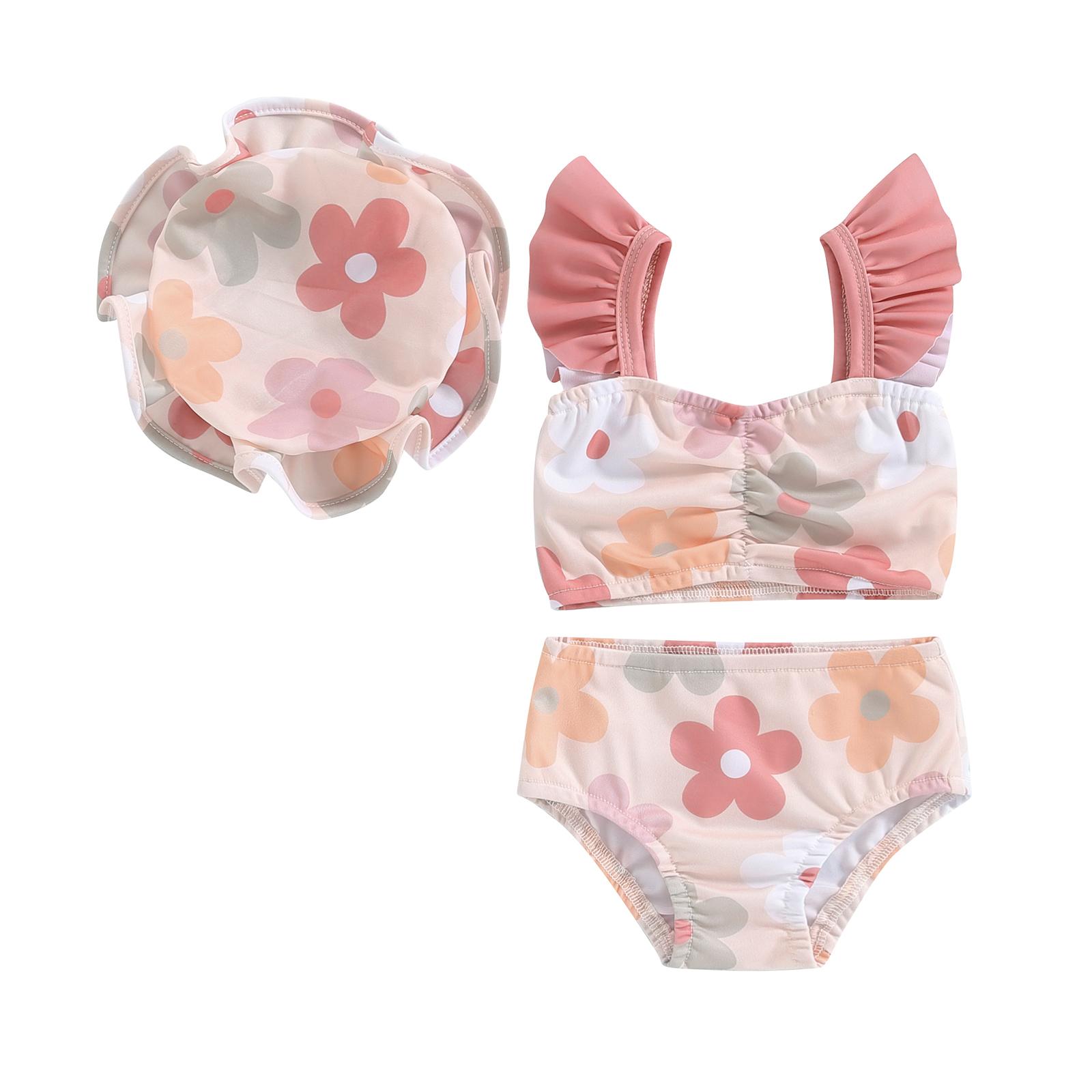 Little Fashionistas Toddler Baby Girls Summer Swimsuit Floral Print Fly Sleeve Tankini Tops Swim Shorts Swim Cap 3 Pieces Bathing Suit Beach Bikini