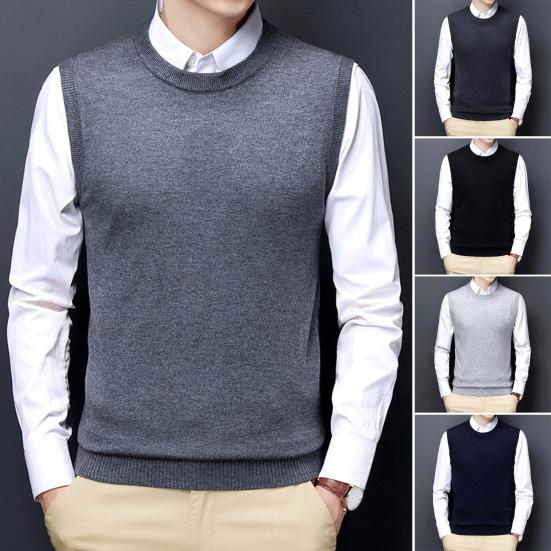 Jiantengxujm Men Fall Winter Top Vest Sleeveless Round Neck Knitted Elastic Solid Color Pullover Warm Casual Simple Style Men Bottoming Sweater