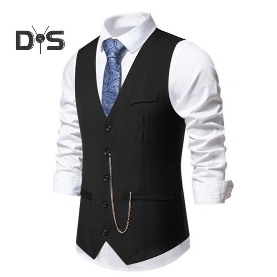 DYS Men Clothing Men Spring Waistcoat Solid Color V-neck Single Breasted Waistcoat with Chain Decor Slim Fit Wedding Party Vest Coat