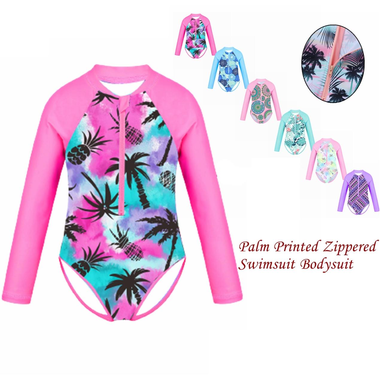 IEFiEL Kids Girls Swimsuit Long Sleeve Palm Printed Zippered Swimwear Bathing Suit Rash Guard Bodysuit Beach Wear
