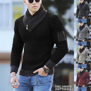 New boy 04 Men's Casual Slim Knit Sweater Pullover Long Sleeve Scarf Collar Color Block Sweater Men's Autumn and Winter Sweater Pullover