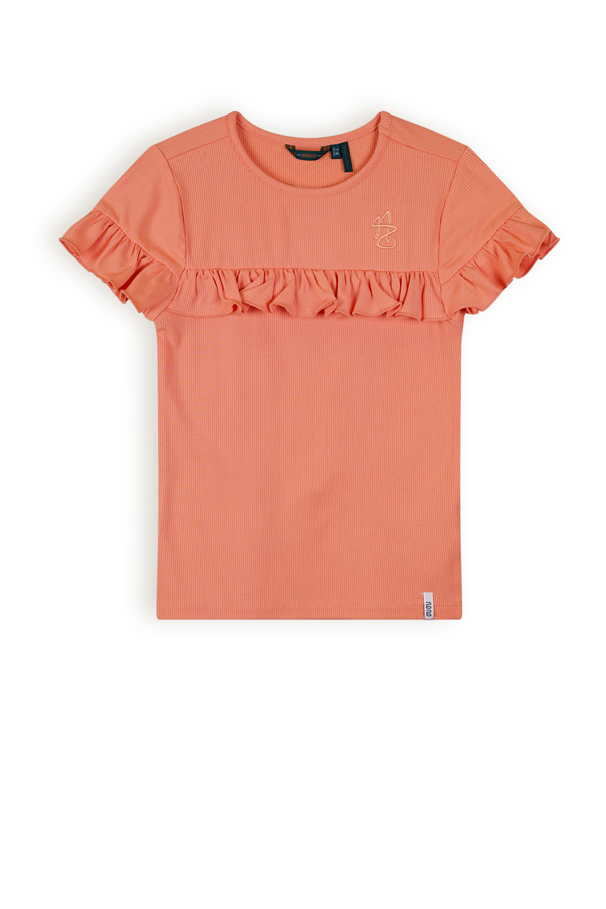 NoNo Meisjes t-shirt rib met ruffel - Kovan - Lobster rood