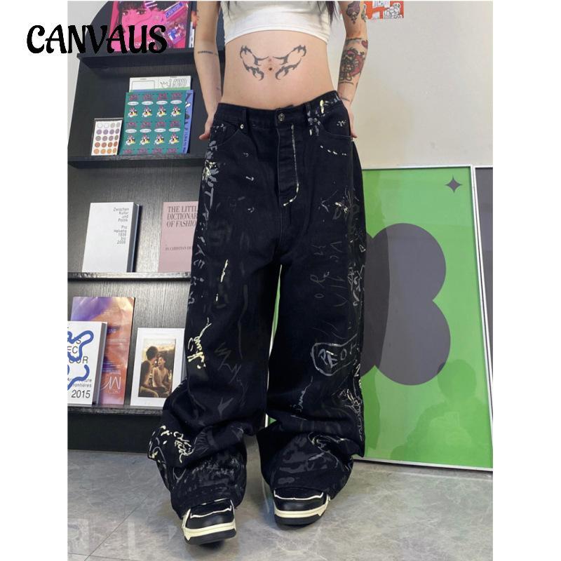 CANVAUS Wide Leg Jeans Graffiti Painted Jeans for Women Loose Hip Hop Street Straight Legs Pant