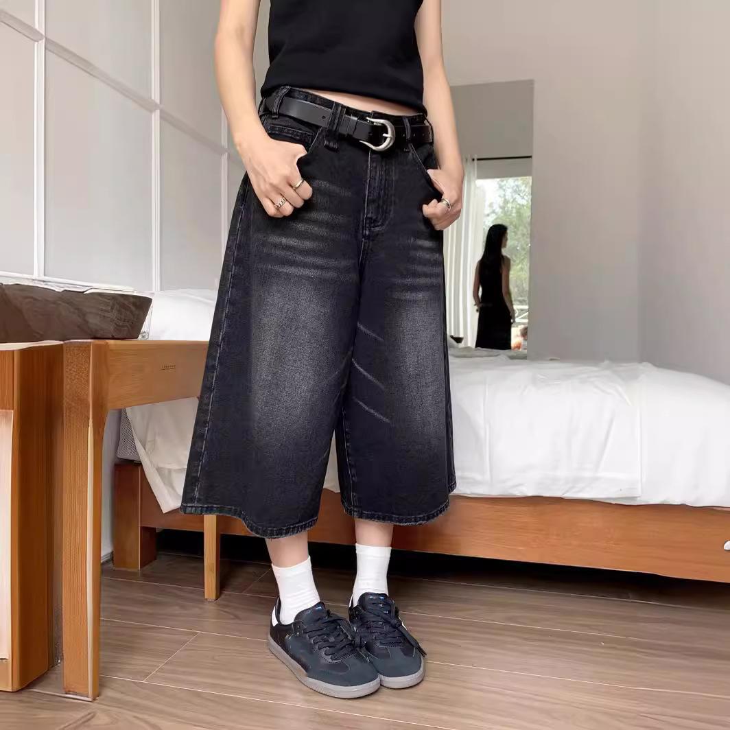 QGOOD Men Low Waist Cropped Black Jeans Acubi Distressed Frayed Denim Casual Wide Pants Retro Y2k Baggy Jorts Women