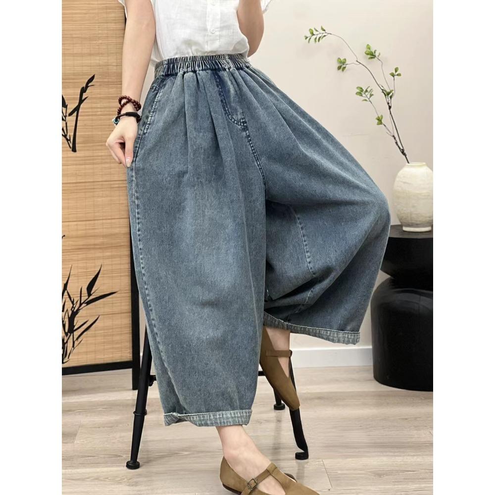 Dimanaf 2024 Summer Jeans Long Pants Plus Size Jeans Women Elastic Waist Wide Leg Pants  Pants Loose Casual Denim Female Casual Oversize