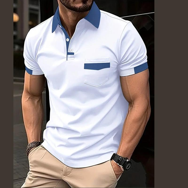 Cloth W Summer  Men's Lapel button Polo Shirt Loose Casual Trend Pocket color block Men's Sports Fitness polo Shirt
