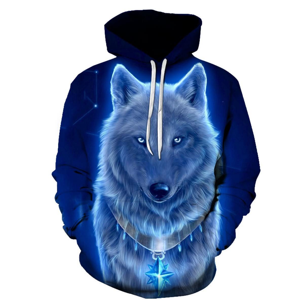 Fashion human Spring and Autumn new hoodie fox wolf 3D digital printing air layer loose men's pullover casual sweater