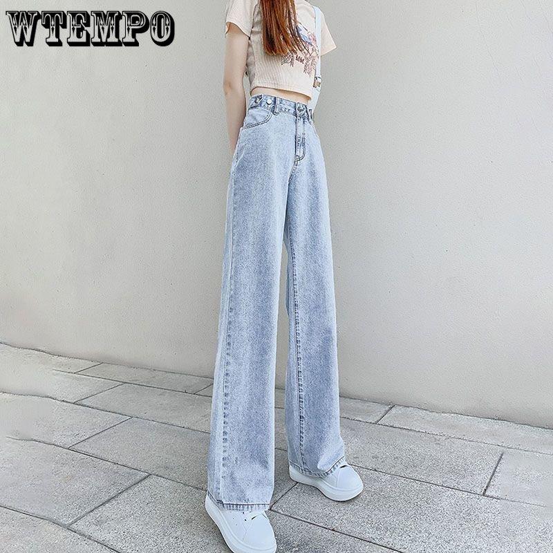 WTEMPO merk jeans met hoge taille en wijde pijpen, verstelbare rechte losse skinny gedrapeerde broek voor dames, met elastische beenskimming-jeans