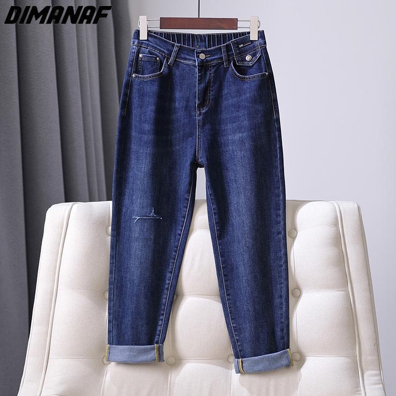 Dimanaf 2023 Plus Size Autumn Jeans Long Pants Women Blue Elastic Loose Vintage Fashion Blue Ripped Casual High Waist Basic Female Basic Trousers