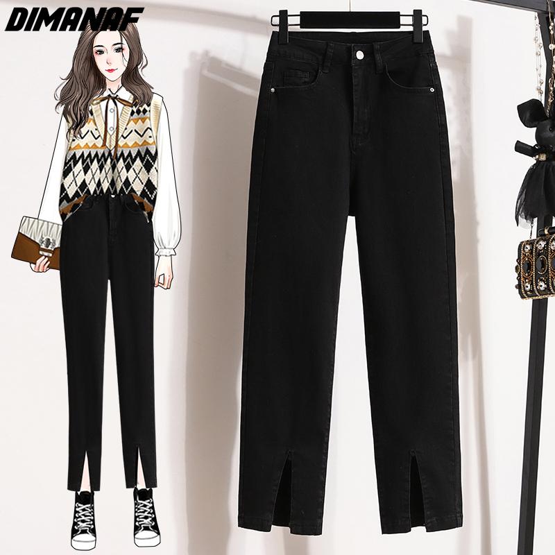 Dimanaf 2023 Plus Size Autumn Women Jeans Long Pants Elastic Loose Casual Black Fashion Lady Trousers 5XL