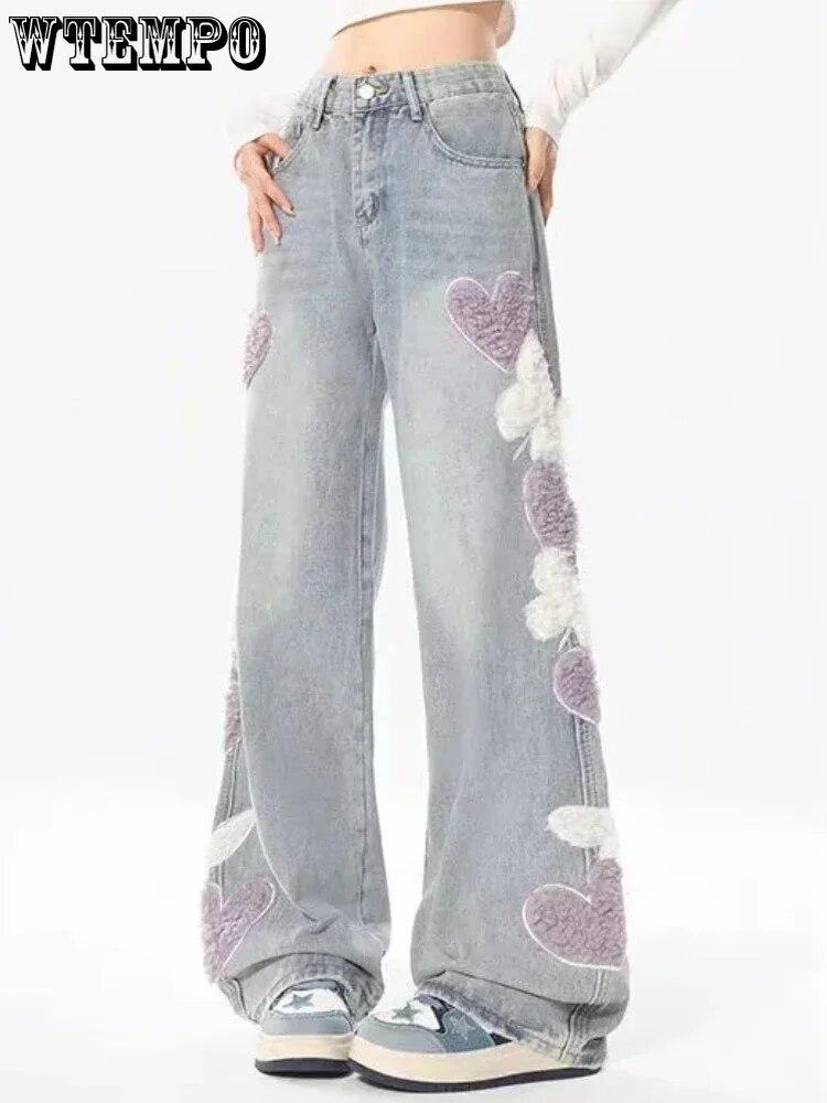 WTEMPO Women Jeans Heart Embroidery Streetwear High Waist Wide Leg Long Pants Vintage Casual Baggy Straight Denim Trouser