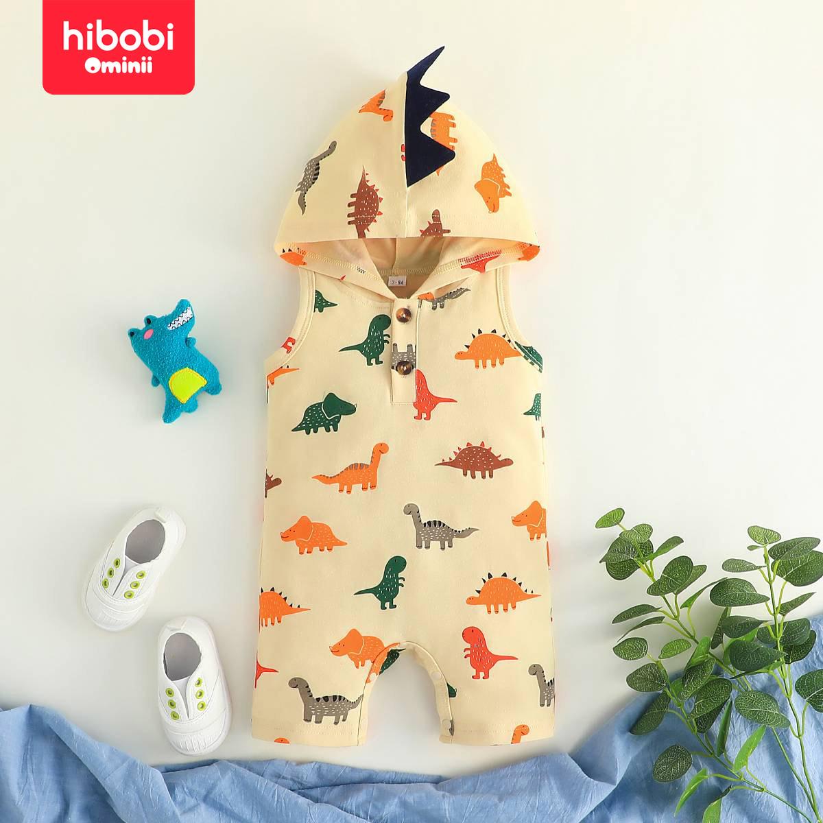 Hibobi Baby Boy Allover Dinosaur Printed Hooded Sleeveless Boxer Romper