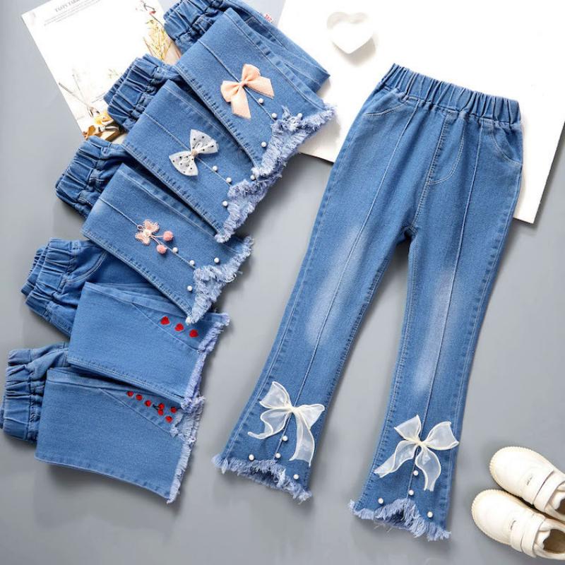 CarrieWardrobe Children's Denim Pants Spring and Autumn Girls Flared Casual Long Pants