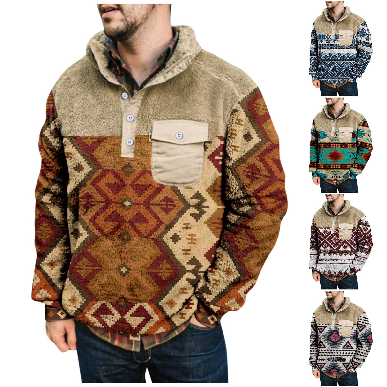 Mei hua Men's Printed Plush Warm Coat Fleece Sweater Casual Coat Pocket Sweater Autumn Winter Coat