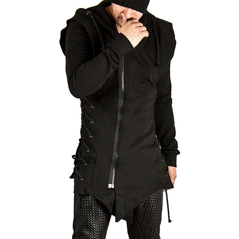LEEFONA Men's Black Streetwear Zipper Hoodies Sweatshirts Hip Hop Casual Hooded Coat With Side Lashing Crossed Hoody Tracksuits