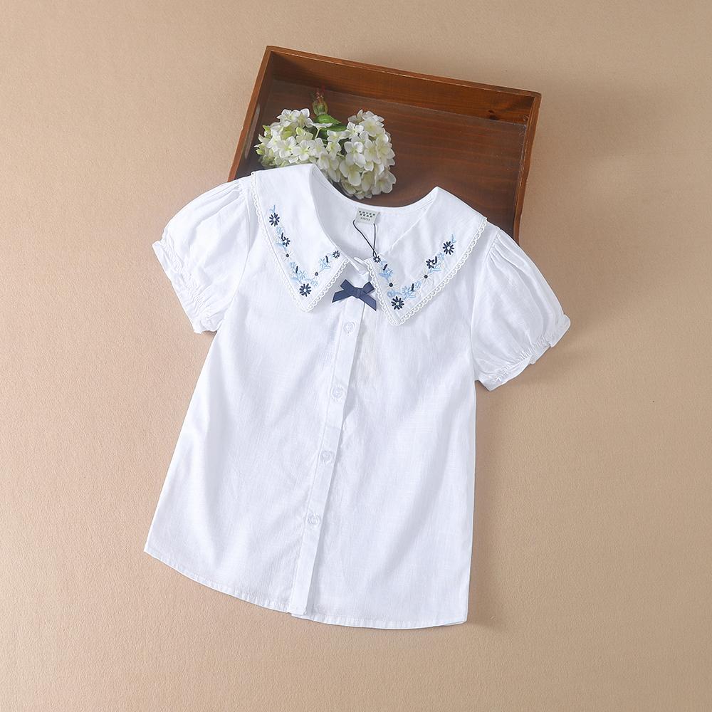 Kuyeebear Girls Blouse Shirts Summer Short Sleeve Cotton Lovely Lace Causal White Tops Childrens High Quality Clothes