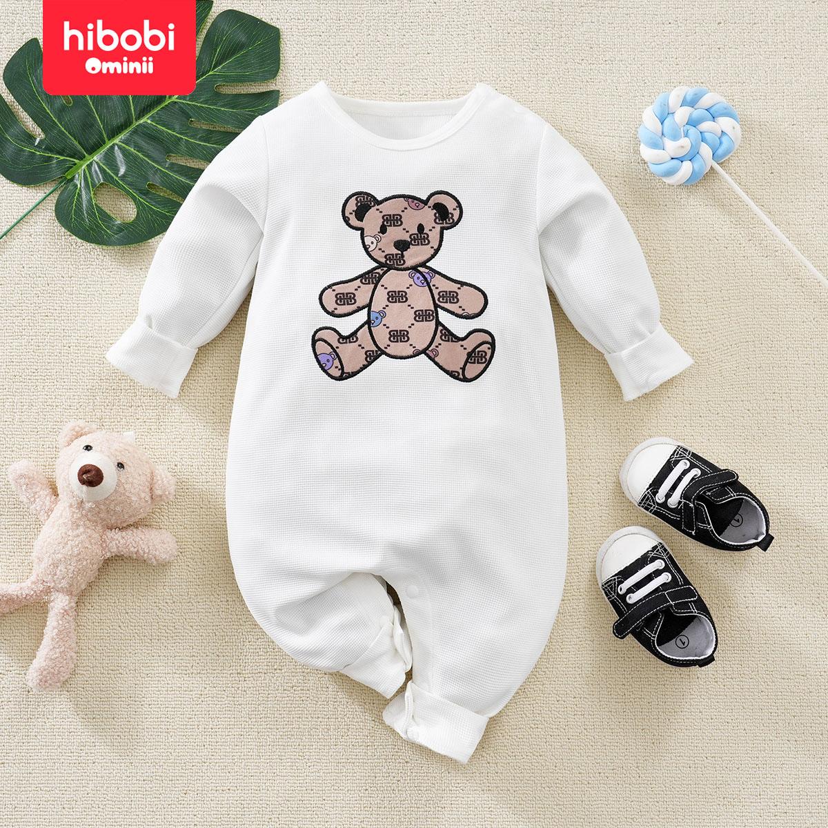 Hibobi Summer Baby Bear Pattern Long-Sleeved Blouse Stylish Casual Round Neck Baby Jumpsuit Suitable For 0-18 Months
