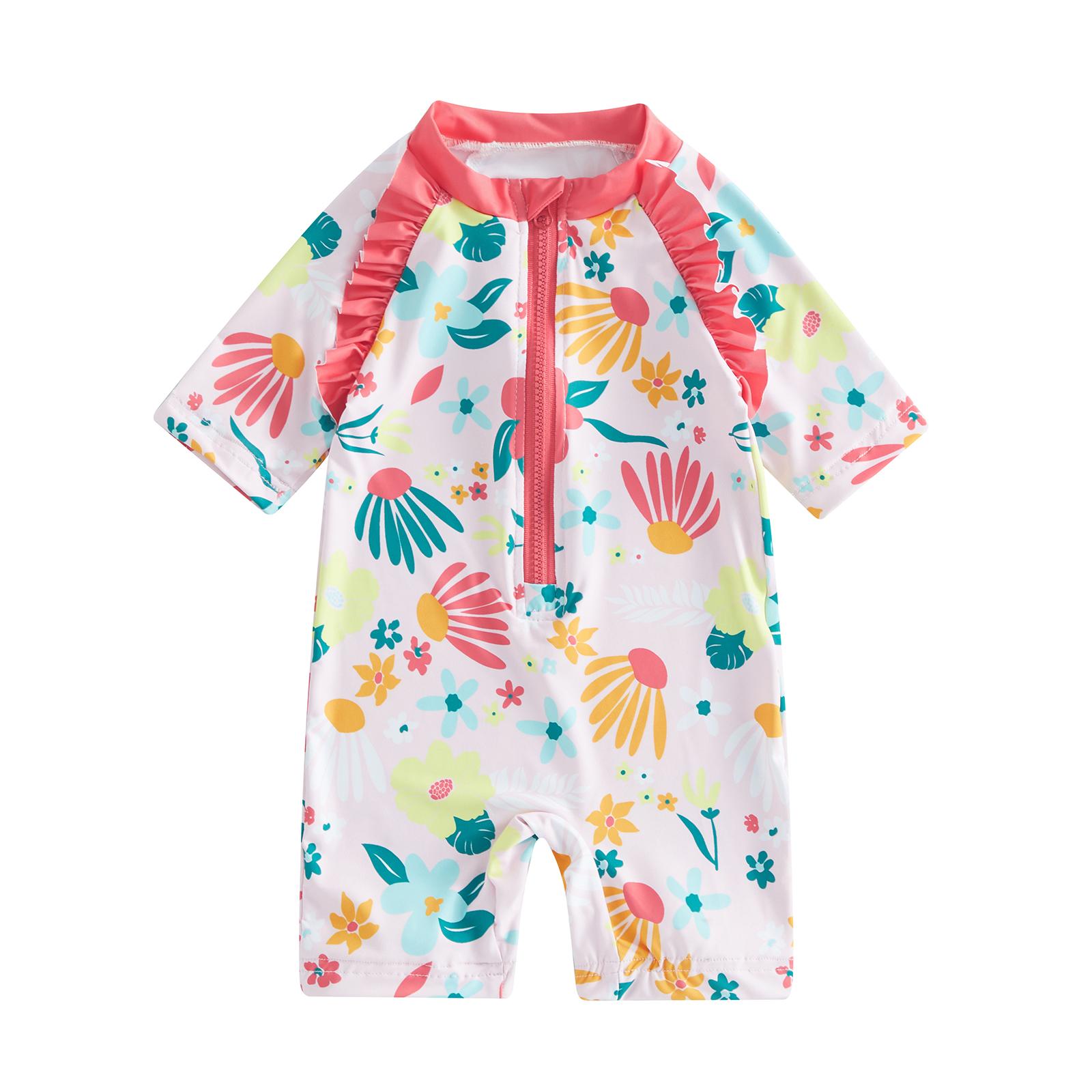 Little Fashionistas Toddler Girls Rash Guard Swimsuit 12M 18M 2Y 3Y 4Y 5Y 6Y  Summer Short Sleeve Floral Print Ruffle Bathing Suit