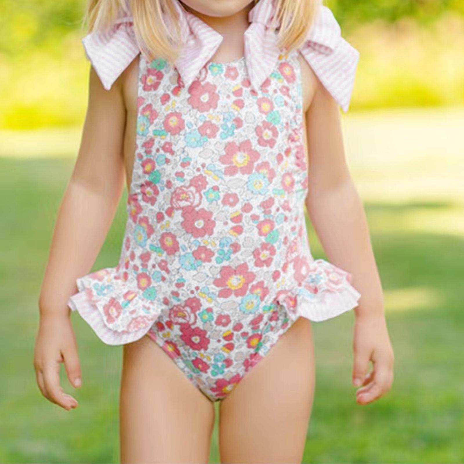 Little Fashionistas Kids Baby Girls Summer Swimsuit, Sleeveless Cross Backless Floral Print Ruffle Bathing Suit 1-6 Years