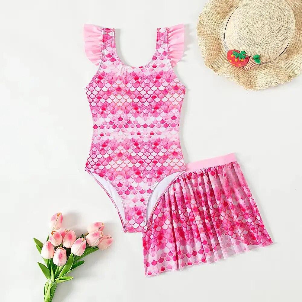 CurveQu Girls One Piece Swimsuit with Beach Skirt Pink Mermaid Print Girls Summer Swimwear Kids Bathing Suits