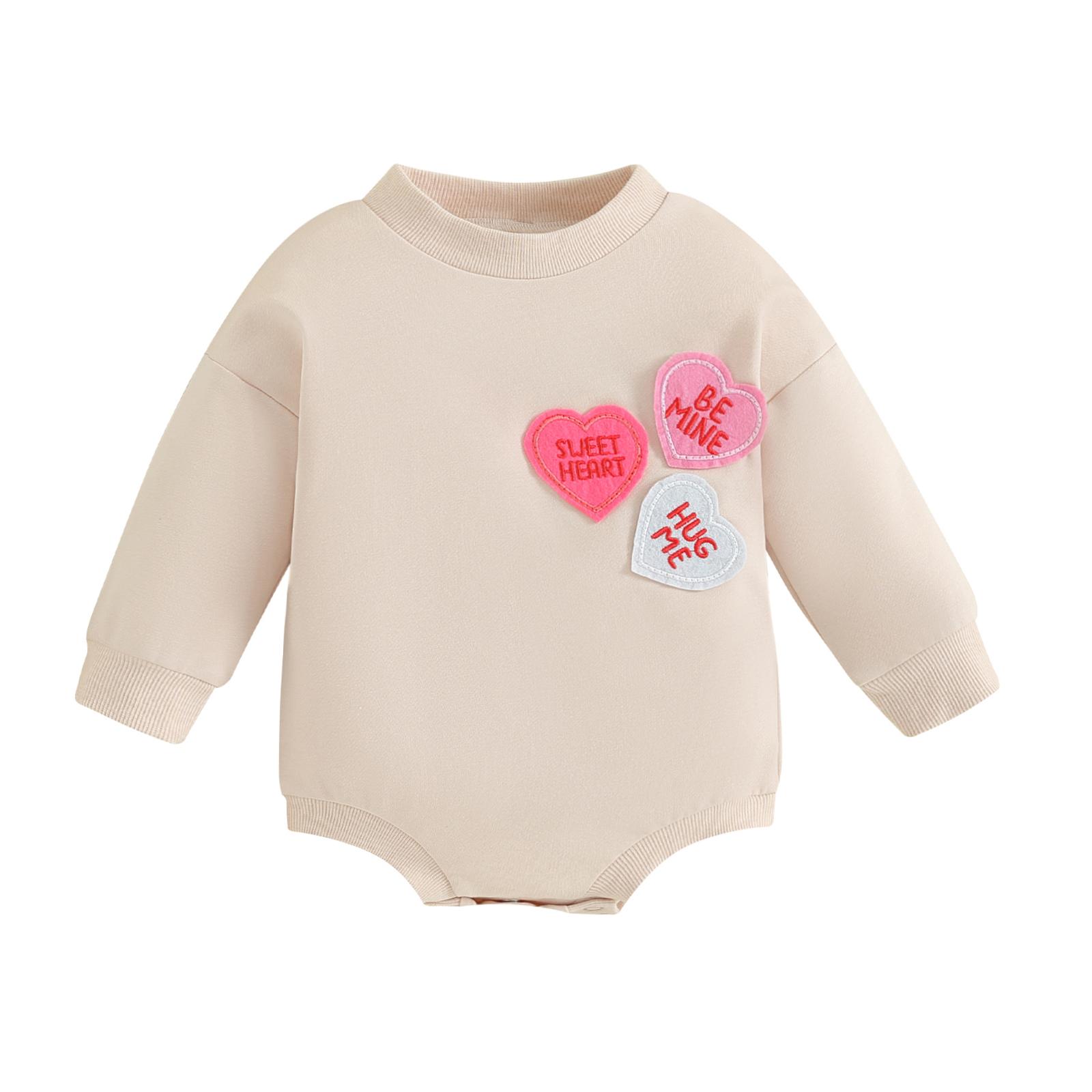 Little Fashionistas Baby Girls Sweatshirts Rompers Valentine's Day Clothes 3M 6M 12M 18M Heart Embroidered Crew Neck Long Sleeve Toddler Bodysuits