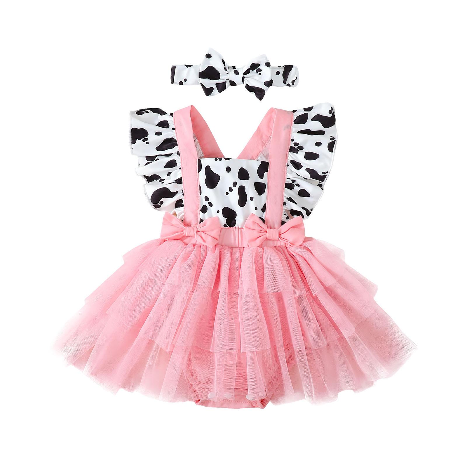 Little Fashionistas Baby Girls Summer Romper Dress 3 6 12 18 24 Months Flying Sleeve Cow Print Tulle Patchwork Romper with Headband