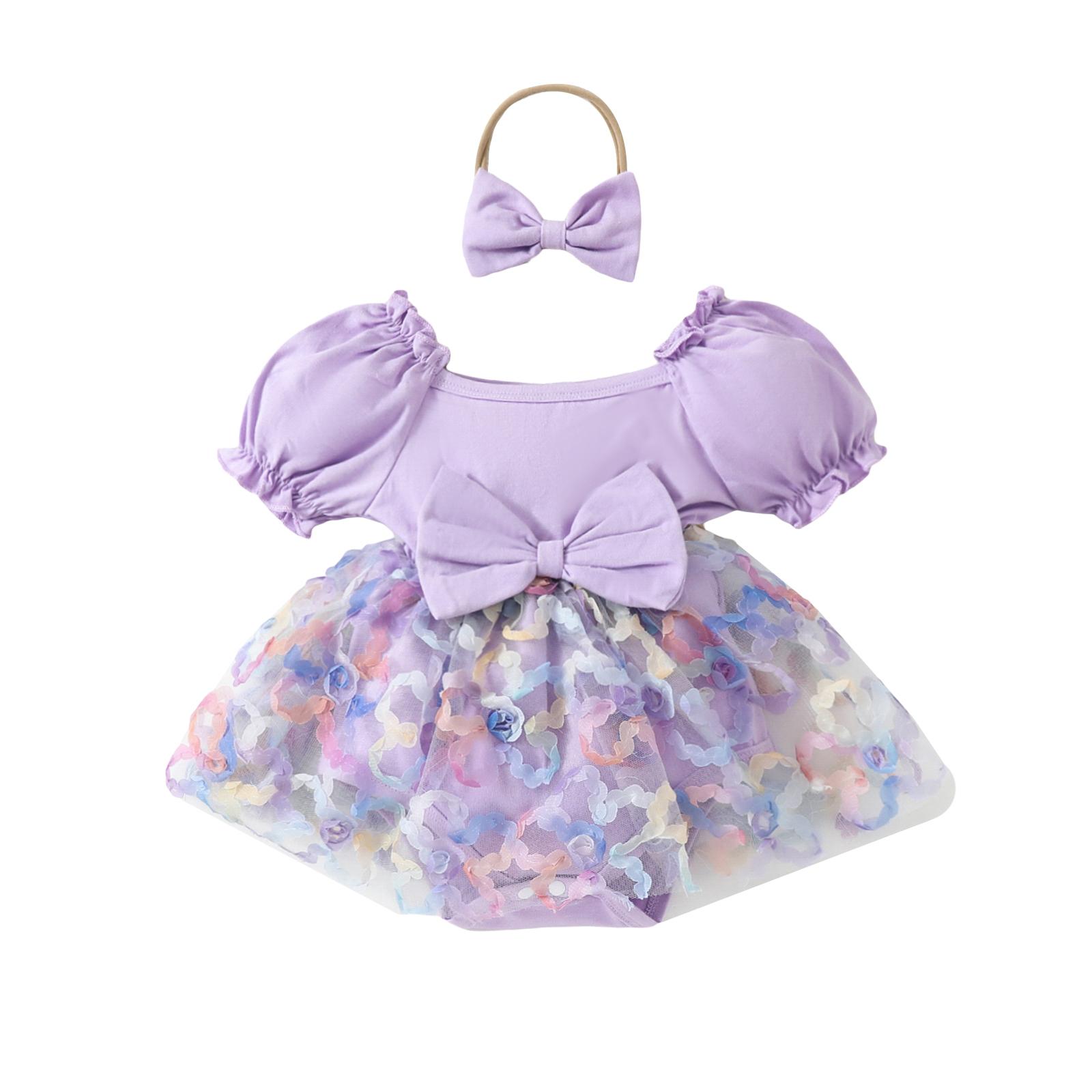 Little Fashionistas Baby Girl 2 Piece Set 3 6 12 18 24 Months Frill Trim Puff Sleeve 3D Flower Romper Dress + 3D Bow Headband Infant Toddler Summer Outfits