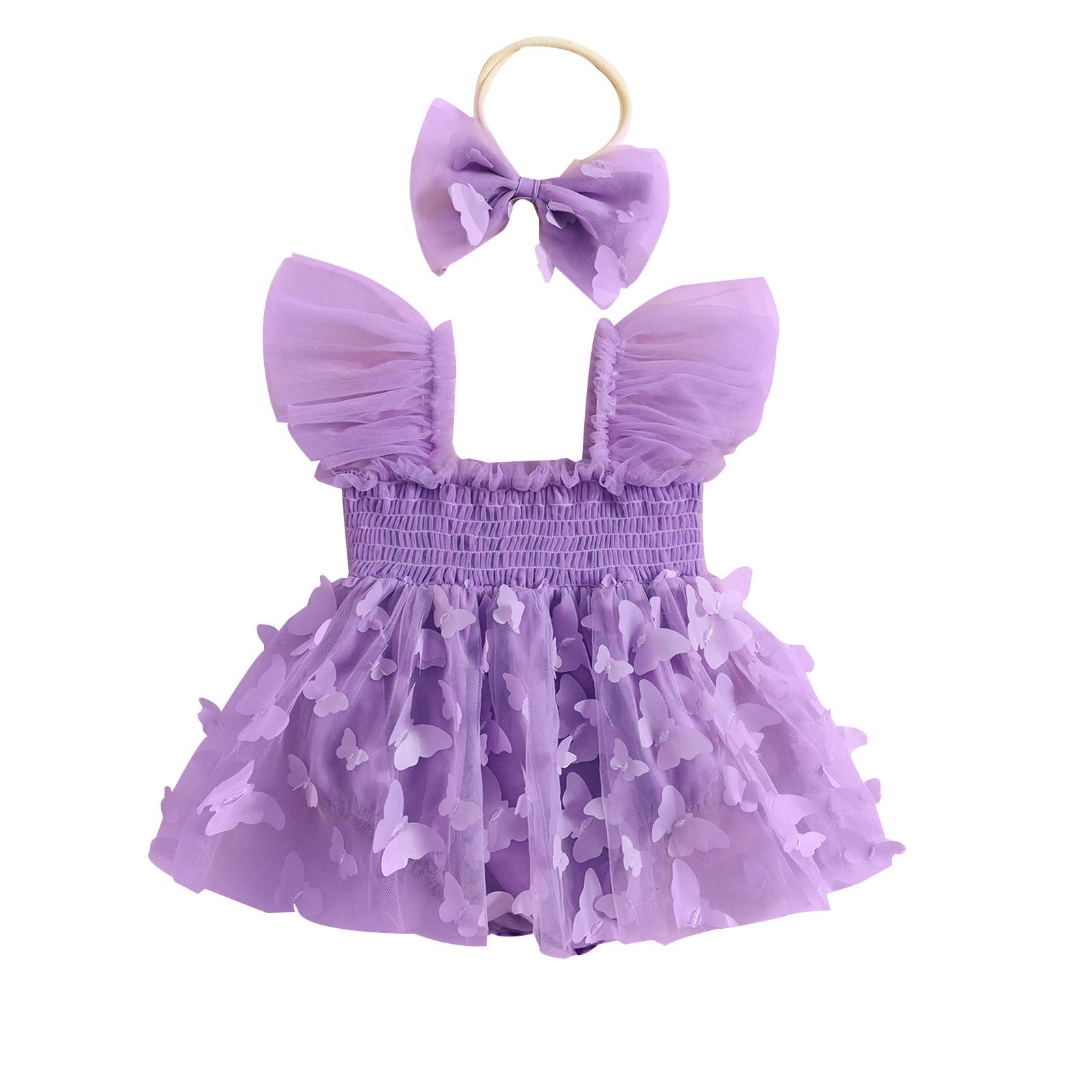 Little Fashionistas Infant Girl Romper Dress Butterfly Decor Fly Sleeve Ruched Mesh Skirt 3 6 12 18 24 Months Hem Jumpsuits Newborn Clothes Baby Bodysuits with Headband