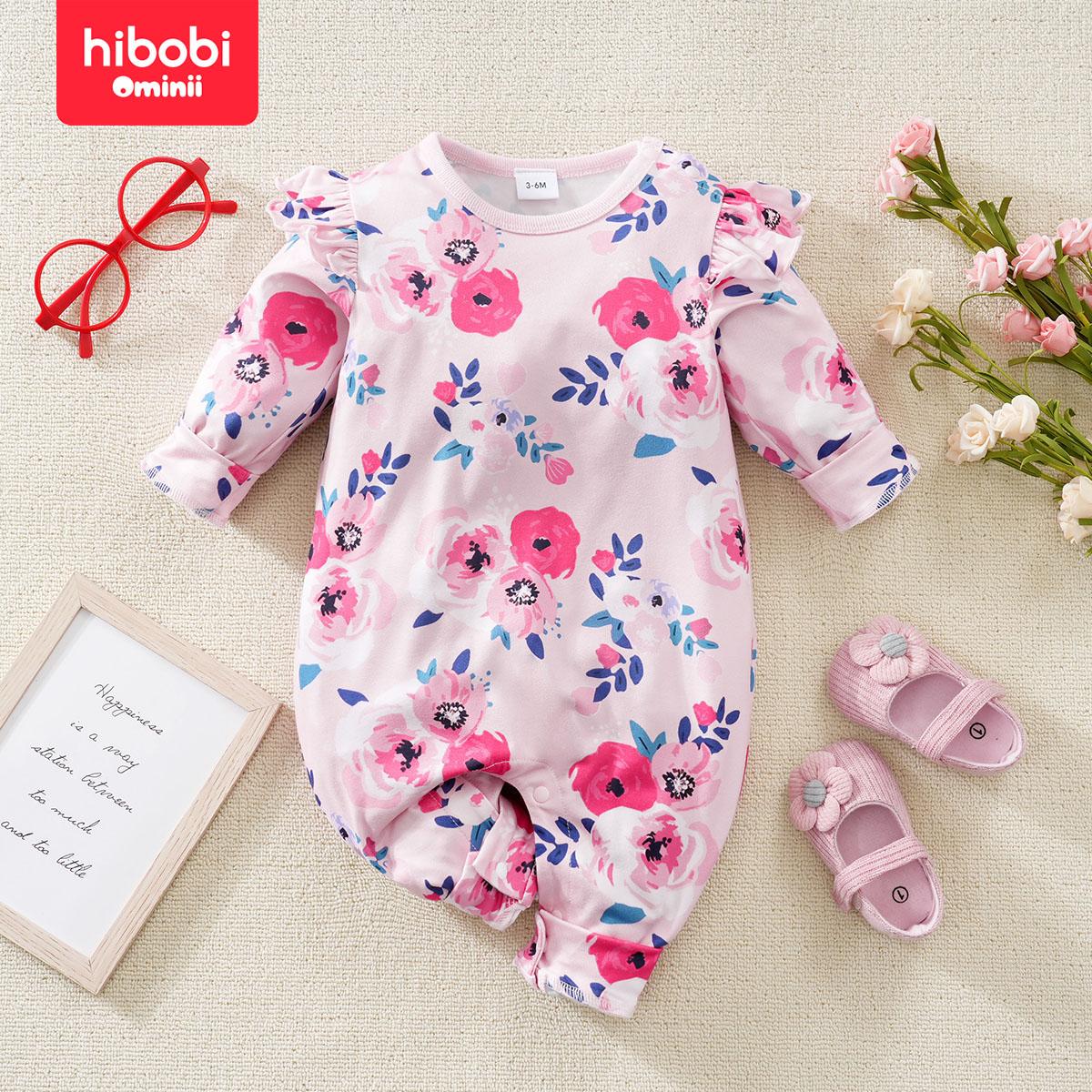 Hibobi Spring Baby Girls Flower Pattern Long-Leg Jumpsuit Cute Comfortable Round Neck Crawl Suit Suitable For Babies 0-18 Months