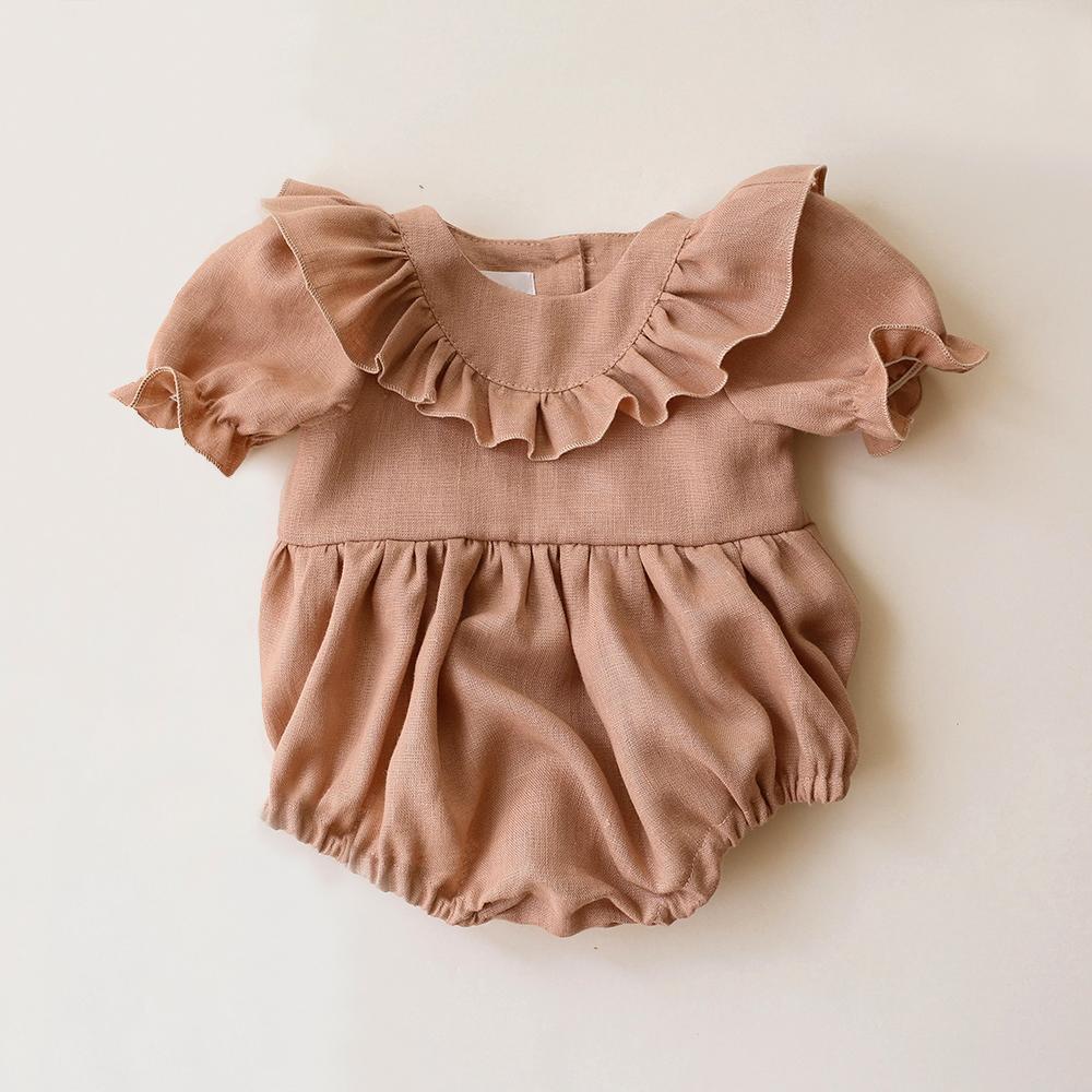 Hipapa Cute Ruffled Collar Romper for Baby Girls Cotton Linen Short Sleeve Clothes Infant Jumpsuits