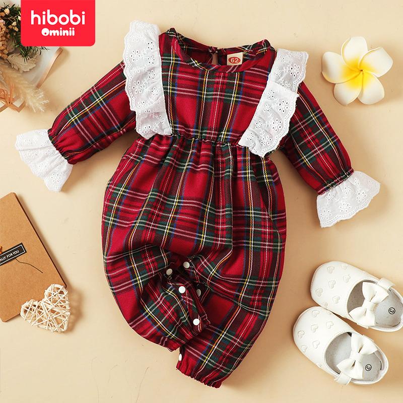 Hibobi Baby Girl Sweet Ruffle Red Plaid Long Sleeve Jumpsuit