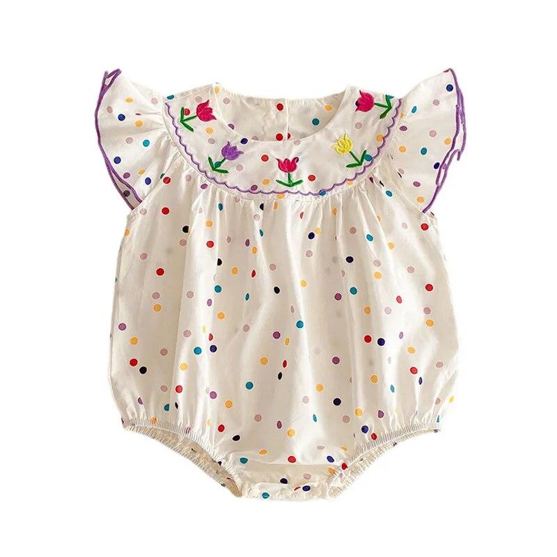 Newage Summer Romper for Baby Girl Sweet Dot Infant Jumpsuits Toddler Outfit Baby Girl Clothes Ruffle Sleeves Embroidery Kids Onesie