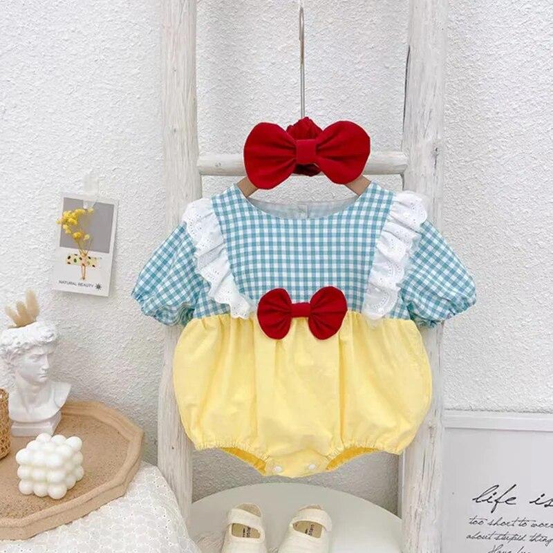 Newage Cute Princess Jumpsuit with Bows Headband Summer Newborn Romper Short-Sleeved Baby Girl Clothing Korean One-Pieces Onesie 2Pcs