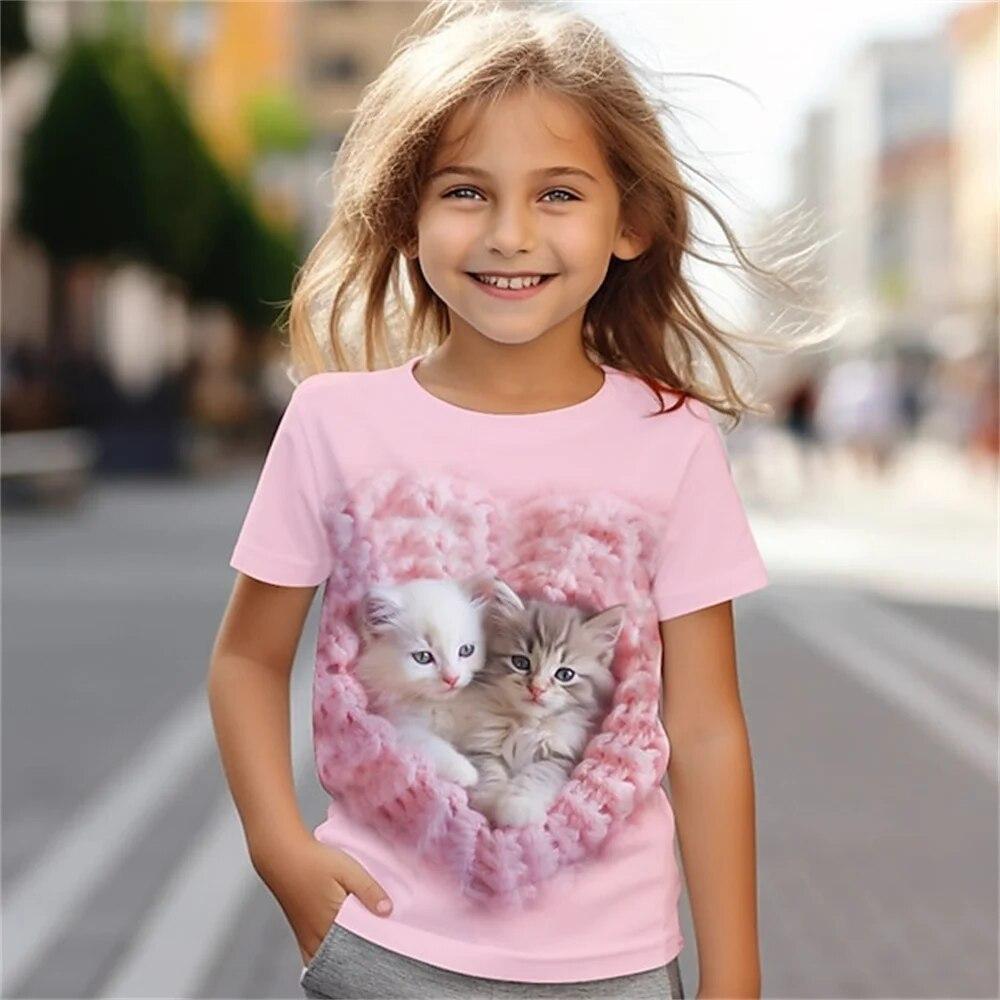 Xuhaijian02 Cat Short Sleeve Horse Child Tshirt Summer Kawaii Kid T-Shirt For Children Tops Fashion Tee Girls Clothes From 8 To 14 Years Old