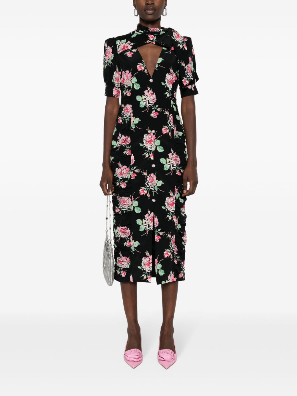 Alessandra Rich floral-print ruched-detail dress - Zwart