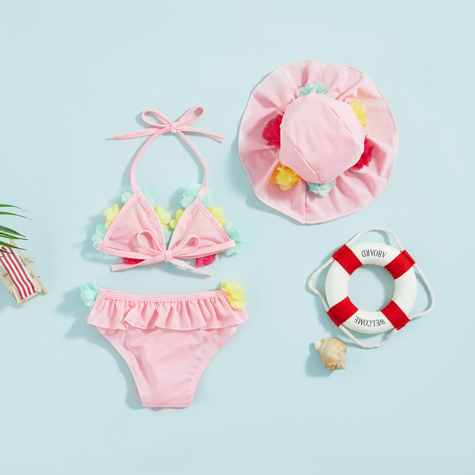 Little Fashionistas Infant Girls 3 Piece Swimsuits 6 12 18 24 Months Flower Decor Tie-Up Halter Neck Tank Tops Ruffles Shorts Sun Hat Bikini Split Swimwear Set