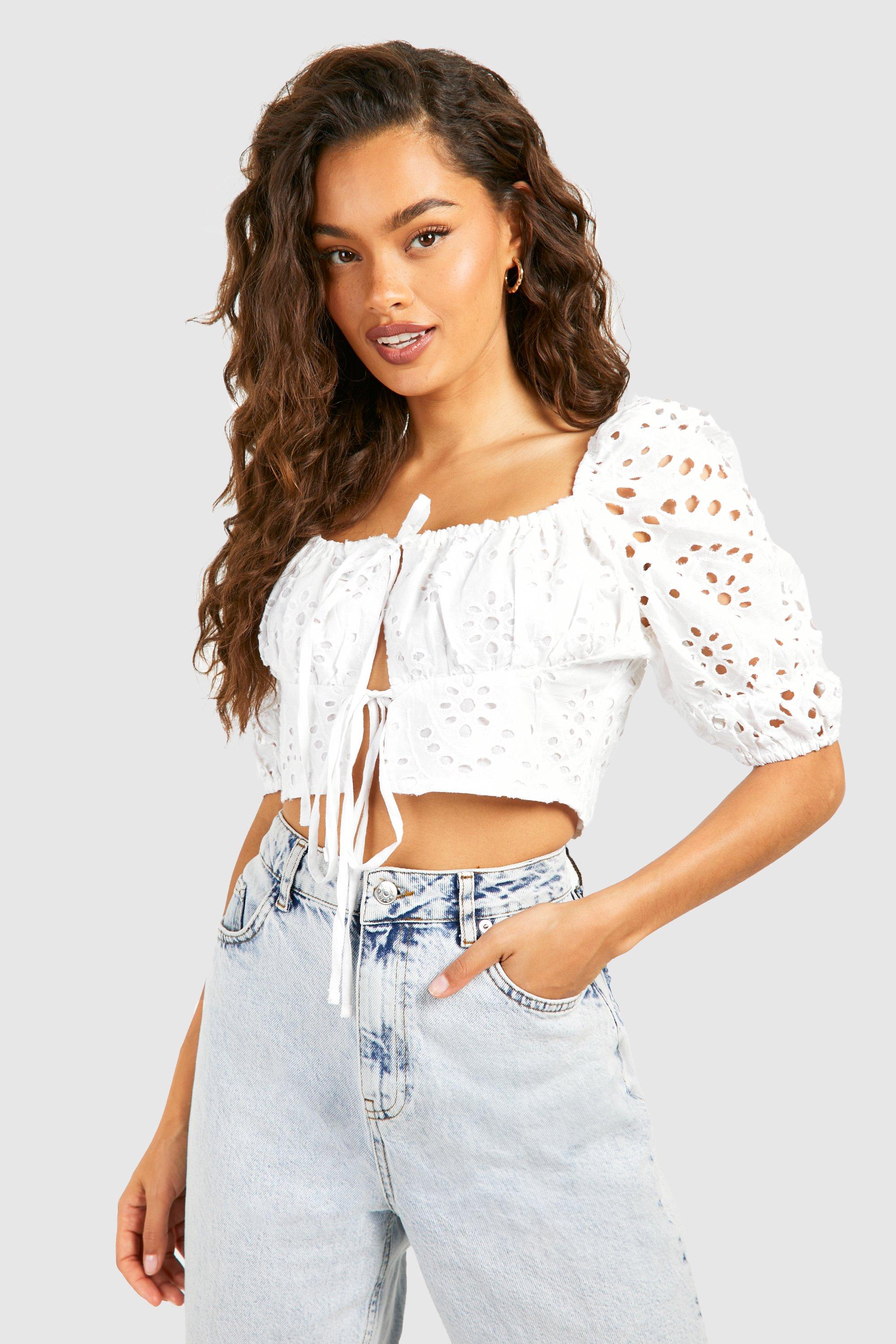 Boohoo Embroidery Short Sleeve Crop Top, White