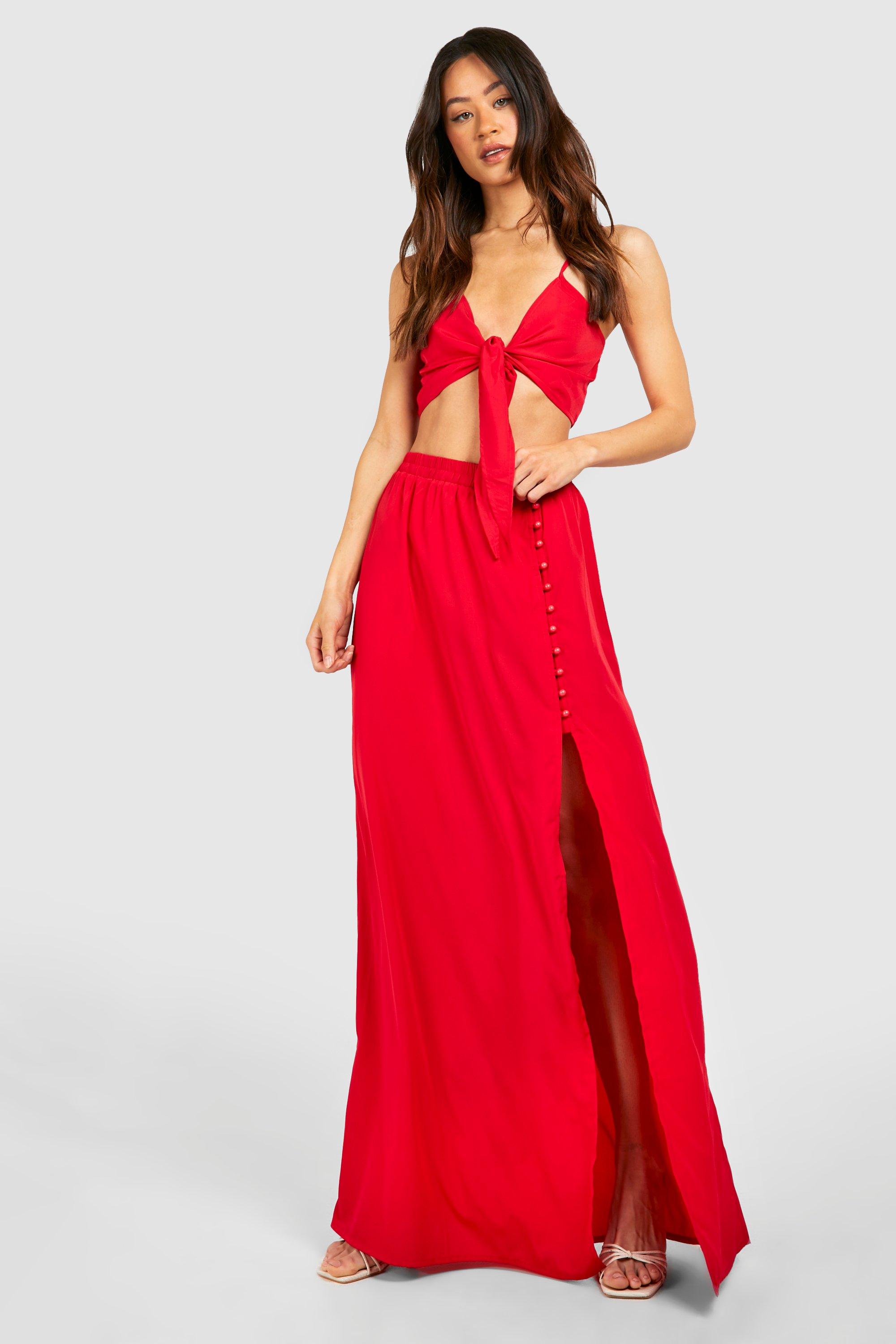 Boohoo Tall Tie Front Top And Maxi Skirt Co-Ord, Red