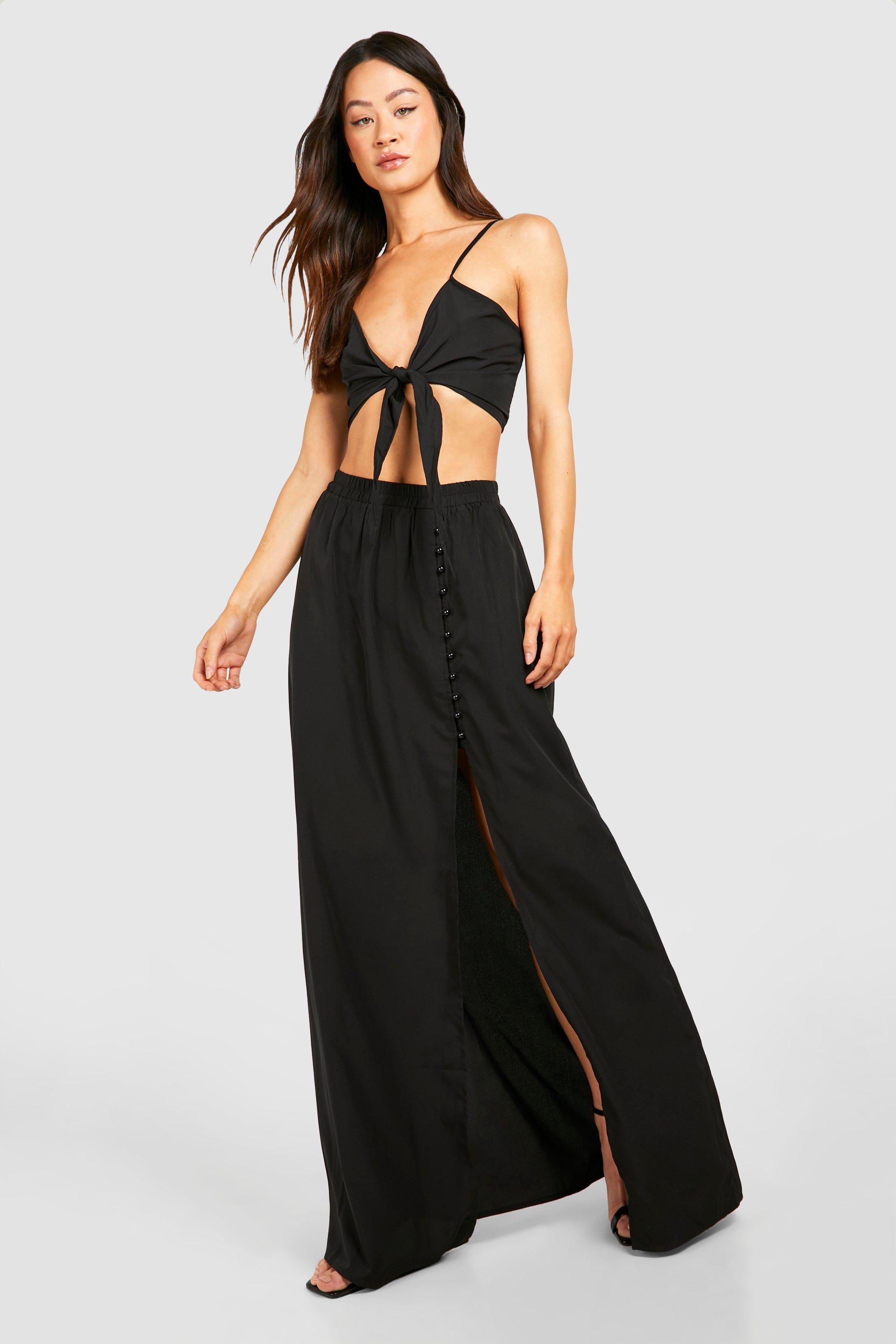 Boohoo Tall Tie Front Top And Maxi Skirt Co-Ord, Black