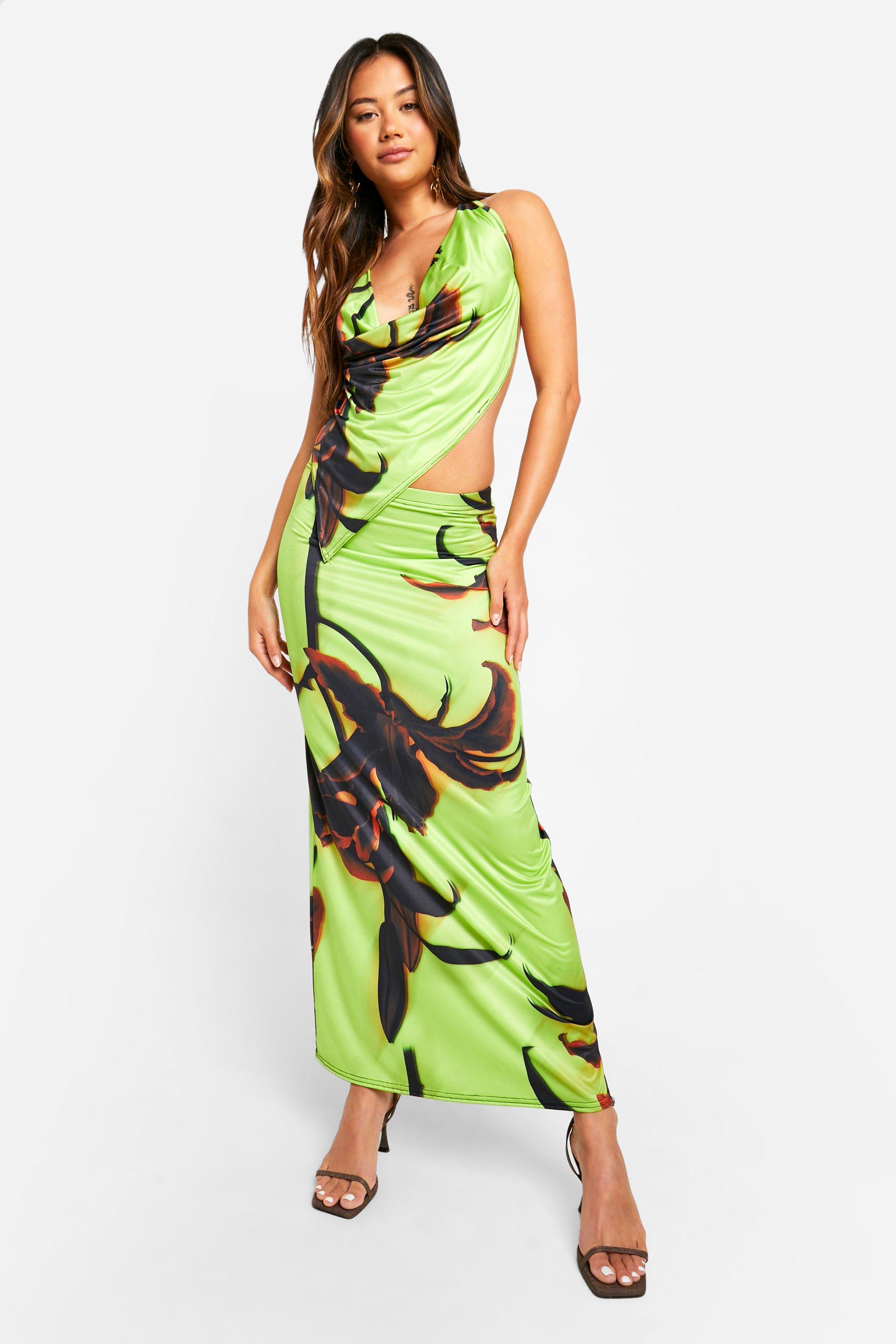 Boohoo Large Scale Floral Slinky Cowl Cami & Maxi Skirt, Lime