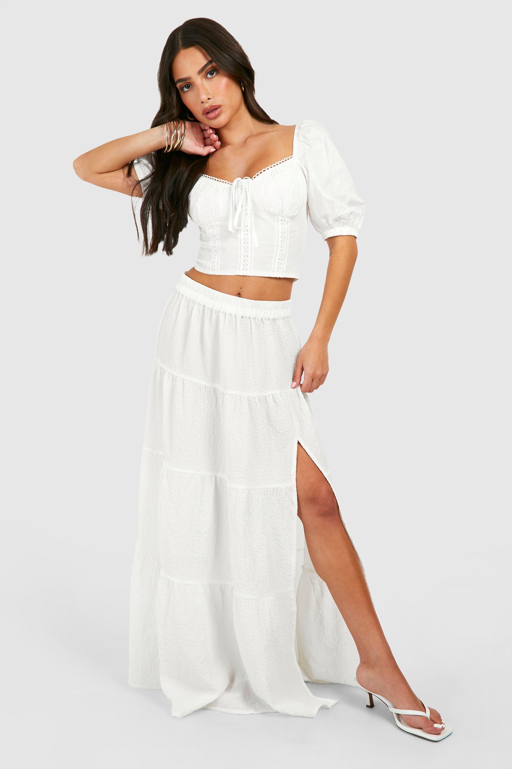 Boohoo Petite Textured Tiered Hem Woven Maxi Skirt, White