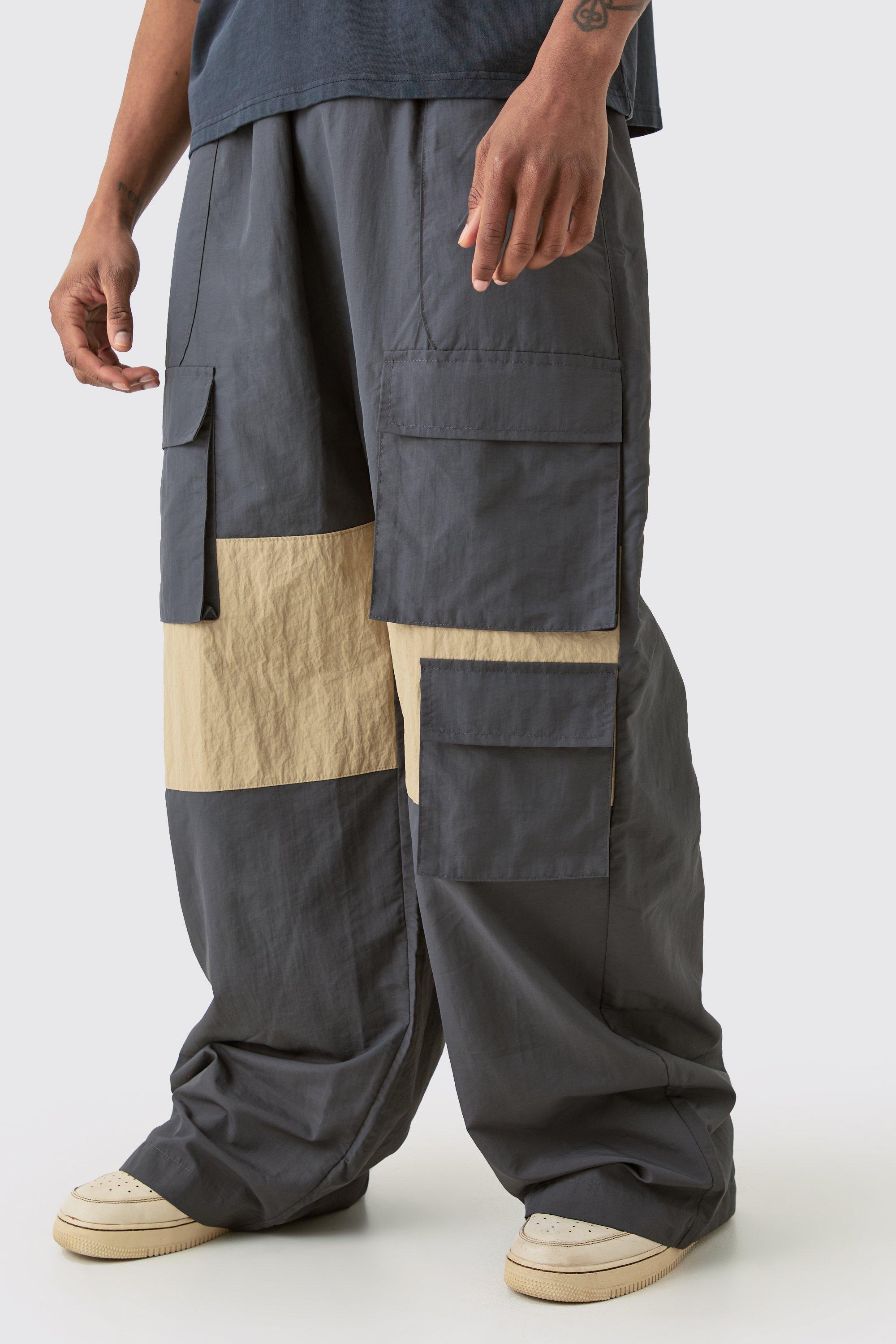 Boohoo Tall Colour Block Cargo Parachute Pants, Charcoal