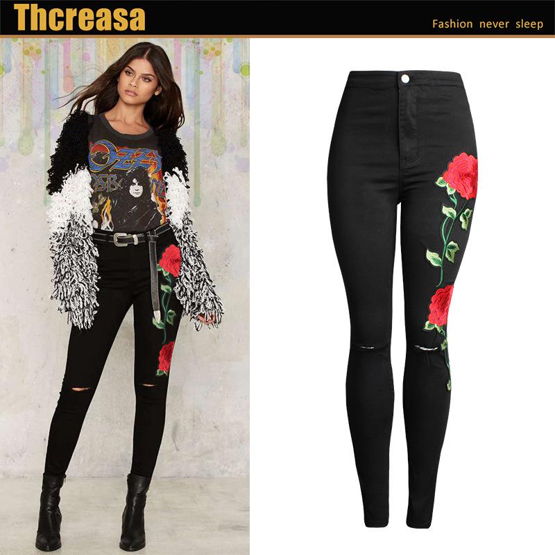 SCIONE 3D Three-dimensional Embroidery Ladies High Waist Jeans Women Trousers Black Feet Pants