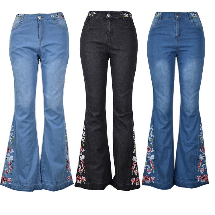 SCIONE Ladies Jeans Embroidered Washed Flared Jeans Trousers