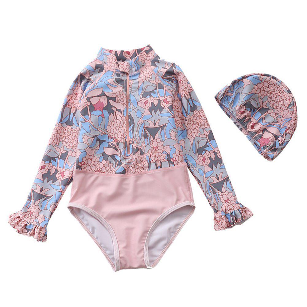 Selfyi Baby Toddler Girls Rashguard One-Piece Swimsuit Long Sleeve Floral Print Bathing Suit with Swimming Hat Sun Protection Swimwear 1-7T