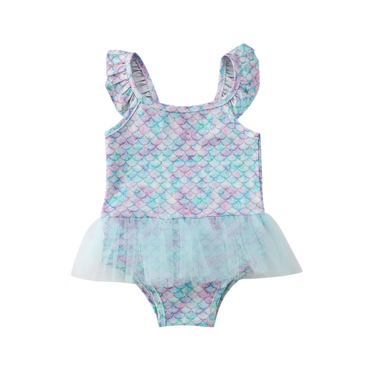 Little Fashionistas Zeemeerminzwemkleding voor babymeisjes, zwemkleding uit één stuk met visschaal, mouwloos badpak met ruches en tuturok
