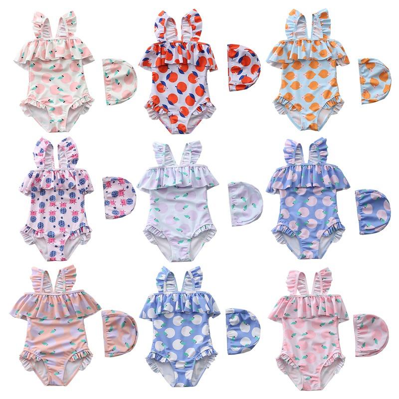Kidsyuan Toddler Girls Ruffled Swimsuits Princess Beachwear with Swim Caps