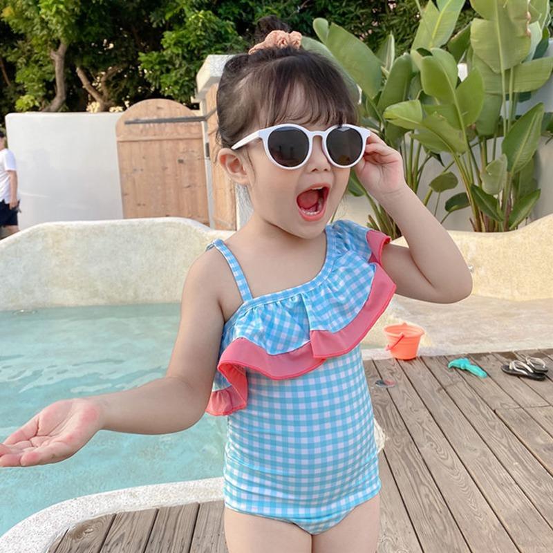 BOOSKU Baby Girls Ruffle Diagonal Collar Swimwear Infant Girl One Piece Summer Bathing Suit Beachwear Plaid Print Baby Girls Swimsuit