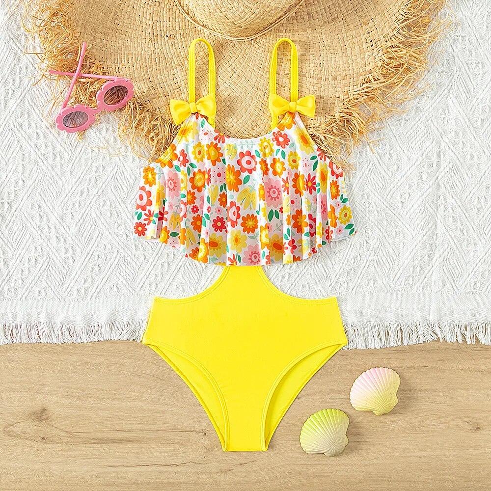 Fox Swimwear Summer Yellow Printed kids One Piece Swimsuit for teen girls swimsuits 5-14Y Beach wear Lovely Swimming suit